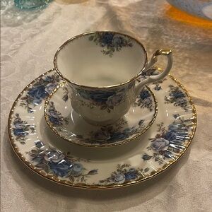 Vintage Royal Albert Blue and Gold Floral Teacup Set of 3 “ moonlight rose “